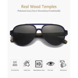 ANRRI Wood Sunglasses UV Protection Polarized Lenes Classic Aviator Wooden Navy Blue Frame for Men