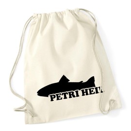 Hururaa Turnbeutel Petri Heil Fischergruß Baumwolltasche Baumwolle 12 Liter Natural mit Motiv für Angler Geschenk Idee für Freunde und Familie