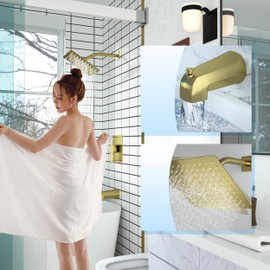 Modern Shower Faucet Set,8-Inch High Pressure Rainfall Shower Head,Complete Rain Shower System with Bathtub Spout and Rough-in Valve Trim kit(Brushed Gold)