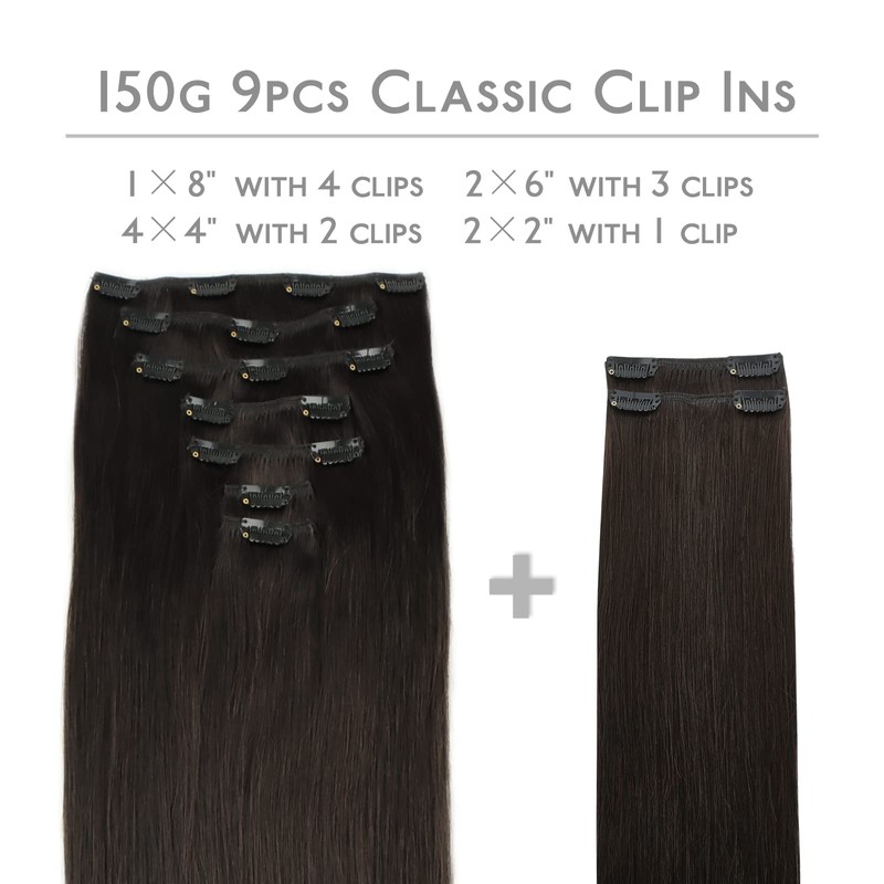 WENNALIFE Clip in Hair Extensions, 150g 16 Inch 9pcs Dark