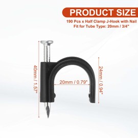 PATIKIL Half Clamp J-Hook with Nail 3/4" / 20mm, 190Pcs Pex Pipe Fixture Cable Clip Wire Wall Support Holder for Tubing CPVC Copper Pipe Fixing Connection, Black, 40mm Long Nail