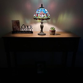 enjoy decor lamps Tiffany Mini Table Lamp Blue Stained Glass Tulips Pull Chain Swtich LED Bulb Included for Living Room Bedroom Bedside 8" D*8" W*15" H
