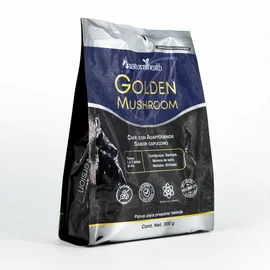 Natural Health. Golden Mushroom, Incrementa tu Energía y Enfoque. Café soluble con Adaptógenos Melena de León, Maitake, Shiitake, Cordyceps y Bacopa. Bajo en calorías, Sin Azúcar Añadida. Sabor Cappuccino.