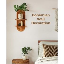 Bamworld Boho Wall Decor Brown Plant Wall Shelf Mid Century Modern Decor Hanging Plant Shelf 16.7in 2 Tier Wooden Floating Shelves for Home Bathroom Bedroom Living Room Office Holding Planter