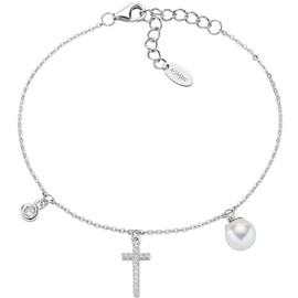 Amen Sterling Silver Rhodium Cross Cubic Zirconia and Pearl Taglia Unica Bracelet, One size fits all, Sterling Silver