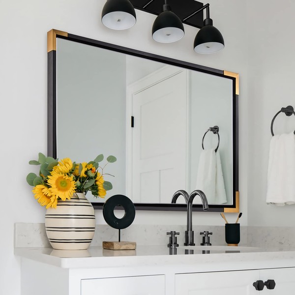 ANDY STAR 30x40” Strong Pine Wood Black Bathroom Mirrors for Wall, Large Wall Mirror with Gold Metal Corner, Clean Modern Rectangle Vanity Mirror 2" Depth Design Hangs Vertical or Horizontal