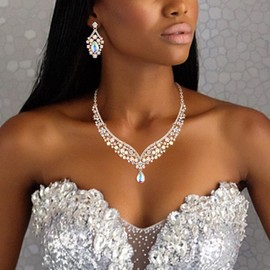 EVER FAITH V Shape Jewellery Set for Bridal Austrian Crystal Elegant Statement Teardrop Necklace Earrings Bracelet Set Iridescent AB Gold Tone, Crystal, No Gemstone