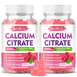 2 Pack Calcium Citrate Gummies 1000mg w/Vitamin D3, High Absorption Calcium Gummies for Women & Men, Plus Magnesium, Potassium, Zinc for Muscle & Immune, Raspberry Flavor, 120 Count