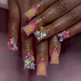 RIICFDD Duck Nails Press on French Press on Nails Long Fake Nails Yellow Pink Gradient Glue on Nails Star Rhinestone Nail Charms Full Cover Wide Duckbill False Nails for Women Artificial Nails 24 Pcs