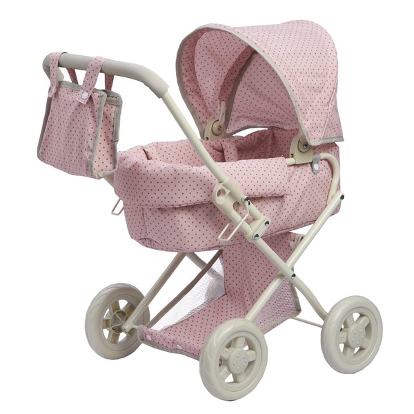 Olivia's Little World - Doll Carriage Baby Buggies Toy Stroller for Little Girls Toddlers 1-3, Polka Dots Princess Baby Doll Deluxe Foldable Stroller with Removable Bassinet & Basket - Pink & Gray