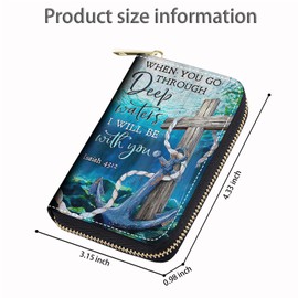 BWOOLL RFID Small Credit Card Holder Wallets for Women, Slim Leather Card Case Wallet with Zipper Accordion Wallets, Christian Cross and Anchor Quote Bible Verse Isaiah 43:2