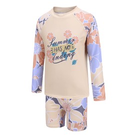 Girls Long Sleeve Rash Guard Swimsuits Kids Two Piece Sunsuits with Swim Trunks Swimwear Set Summer Hawaiian Size 10/8-10 Years