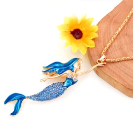 Uloveido Purple Blue Red Mermaid Necklace for Her Rose Gold Plated Long Chain Mermaid Jewelry Pendant Necklace for Women YS841 (Y1597-Blue)