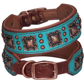 PET ARTIST Soft Padded Leather Dog Collar, 2 inch Wide Genuine Leather Dog Collars with Stylish Studded Rivet & Metal Buckle, Luxury & Adjustable Pet Collars for Medium Dogs,Green,Neck 16-19"