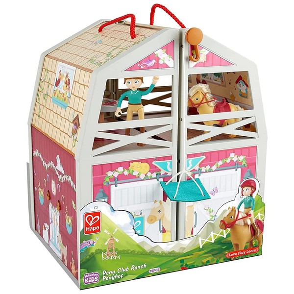 Hape Pony Ranch Barn Stable Club Playset Doll House with 2 Levels and Easy Carry Handle for Kids Ages 3 Years and Up