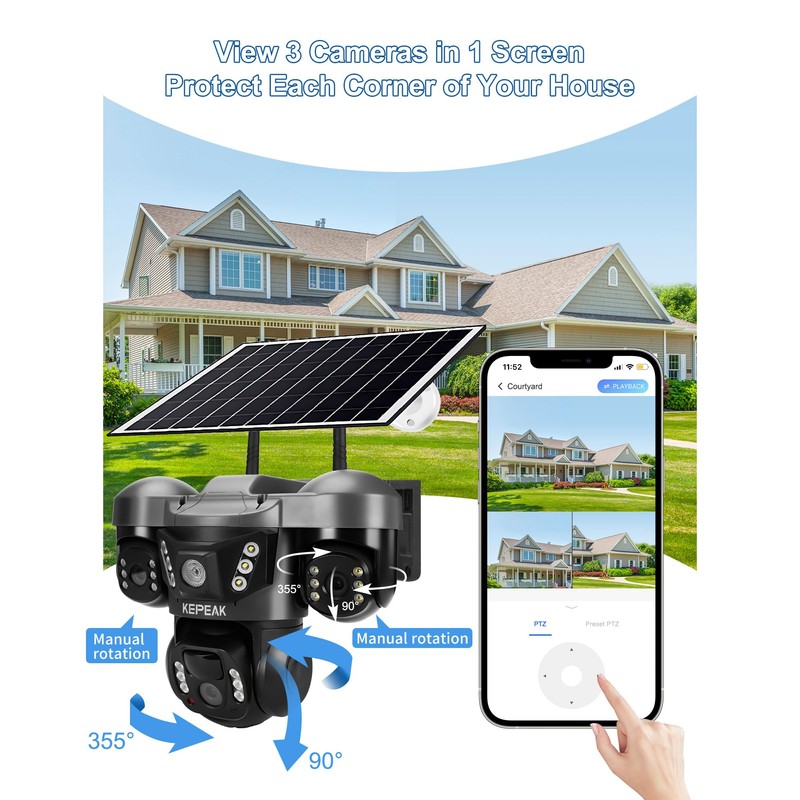 Solar Security Camera Outdoor Wireless, Triple Lens PTZ Camera, 360°