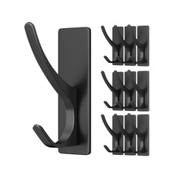 Self Adhesive Coat Hooks for Hanging, Heavy Duty Stainless Double Wall Hook for Towel, Backpack, Hat, Sturdy Metal Hanger for Bathroom, Bedroom, Door, Wall Mounted, 10 Pack, Matt Black, New
