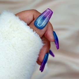 10 Pcs Handmade Press on Nails (Large, Purple Navy Blue Ombre French Tips Baby Boomer With Cat Eye Sheen - Short Coffin) A049L