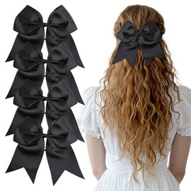 ZESION Large Black Hair Bows, 4-Pack Grosgrain Ribbon Cheer Bows, Classic Style Hair Accessories