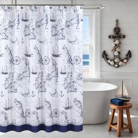 DS BATH Nautical Fabric Shower Curtain, Navy and White Ocean Theme Shower Curtain with Anchor & Sailboat, Waterproof Washable Coastal Decorative Bathroom Curtains, 72" W x 72" H