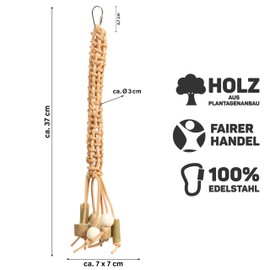 HappyBird Leather Braid Bird Toy - Leather Strap with Wooden Bobble for Parrots and Parakeets Approx. 37 x 7 x 7 cm