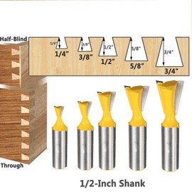 Yakamoz 5Pcs 1/2-Inch Shank Dovetail Router Bit Set Half-Blind & Through Dovetail Jig Joints Cutter Bits | Dia. 1/4" 1/2" 3/8" 5/8" 3/4"