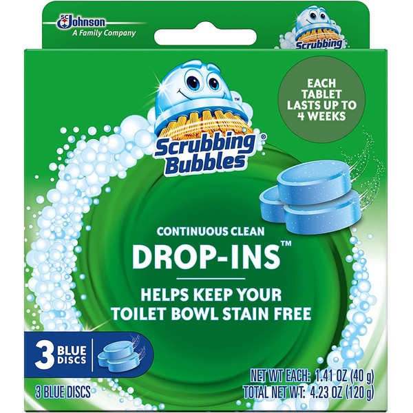 Scrubbing Bubbles Continuous Clean Drop-Ins Toilet Cleaner Tablet, Repels Tough Hard Water and Limescale Stains, Blue Discs, 4.23 oz, 3ct