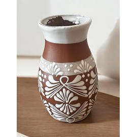 Clay Terracotta Vase - 10” High, 4.5” Mouth, 6” Wide Midsection, White Ceramic Detail, Handcrafted in Mexico