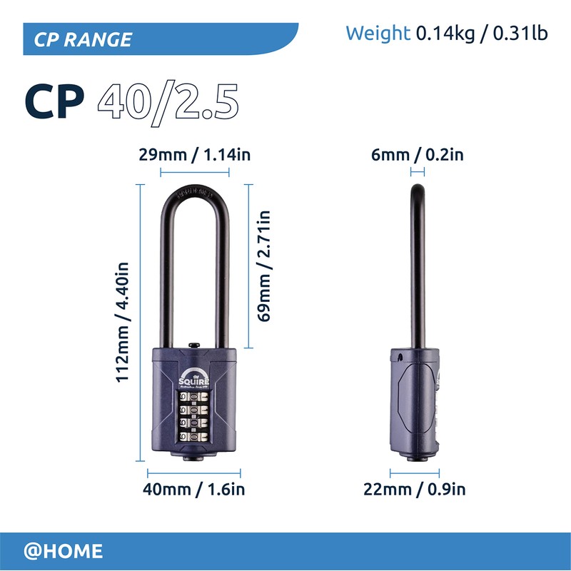Squire Heavy Duty Padlock (CP40/2.5) - Toughest Extra Long Shackle