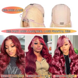 Long 32 Inch 99j Burgundy Lace Front Wig Human Hair Body Wave 13x4 HD 99j Lace Front Wig Human Hair Wear and Go Glueless 99j Burgundy Wig Human Hair Pre Plucked Wine Red Colored Wig For Black Women