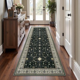 Rugalia Washable Vintage Runner Rug, 2.6x8 Dark Gray Tribal Rugs Runner for Hallway Non-Slip Soft Kitchen Runner Rug, Low Pile Collection Long Floor Carpet for Porch Laundry Entryway Bedroom