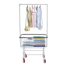 Steel Wire Laundry Cart, Rolling Laundry Basket With Wheels & Hanging Rack, Heavy Duty Large Laundry Basket Cart, Laundry Hamper Organizer for home, hotel, bathroom, commercial laundry
