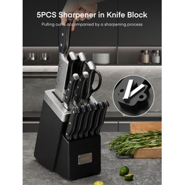 Knife Block Set, FOHERE 14 Pieces Self Sharpening Knife Block Set, Stainless Steel Waved Pattern Knife Set with Block, Rust & Stain Resistant Kitchen Knives and Triple Riveted Handle, Black