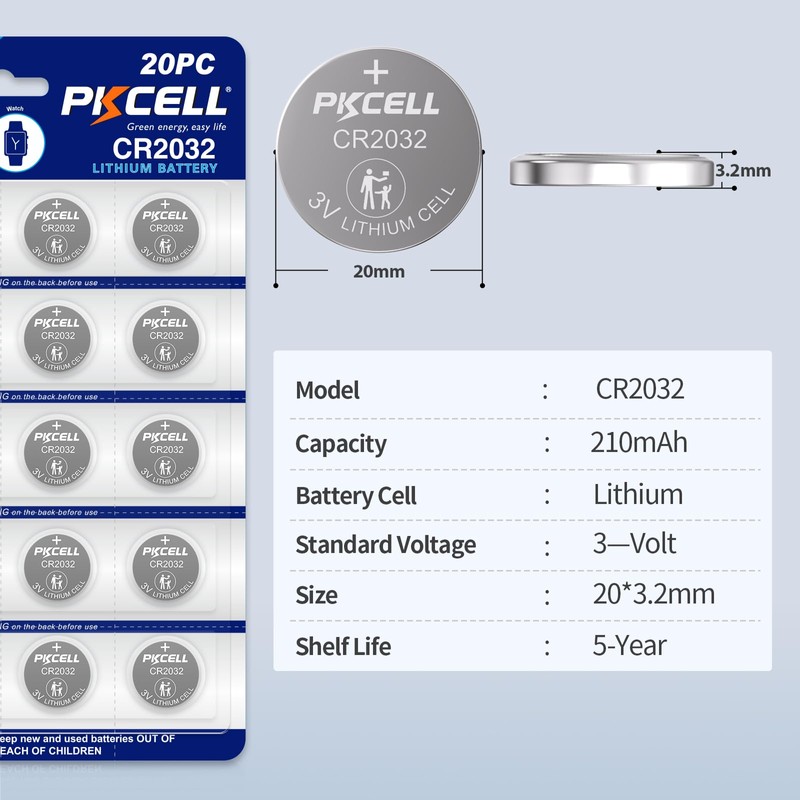 PKCELL 20Pcs CR2032 Batteries DL2032 CR2032 Lithium 3V Coin Battery