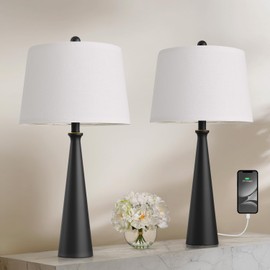 Oneach 25.75" Modern Table Lamp Set of 2, Bedside Lamps with USB Ports, Black Nightstand Lamps Set for Living Room Bedroom House Bedside Home Office Family