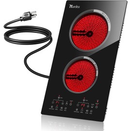 Borrallio 2 Burner Electric Cooktop 12 Inch, 110V Plug-in Electric Stove Top Burner, Built-in & Countertop Ceramic Glass Stove Top with 9 Power Levels,Overheat Protection,2000W