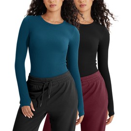 ODODOS 2-Pack Seamless Long Sleeve Tops with Thumb Hole for Women Crew Neck Ribbed Tee Workout Yoga Shirts, Black+Teal, Small