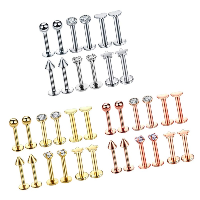 Prettyia 12Pcs 16G Crystal CZ Anillo De Labio Labret Roscado