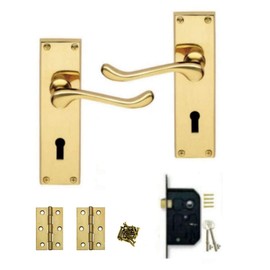 Golden Grace Victorian Scroll Polished Brass Lever Lock Door Handles + 3 Lever Lock Set +2 Keys and 1 Pair of Hinges