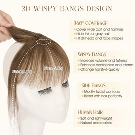 S-noilite Clip in Bang Human Hair Air Bangs Hair Clip for Women,Medium Brown Hair Toppers Hair Pieces Clip on Bangs for Daily Wear 360° Cover(Medium Brown)