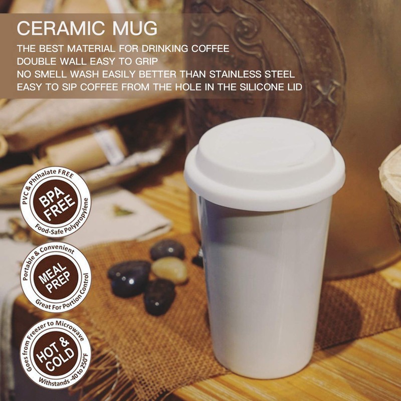 UDMG Reusable Double Wall Insulated White Ceramic Travel Coffee Cup
