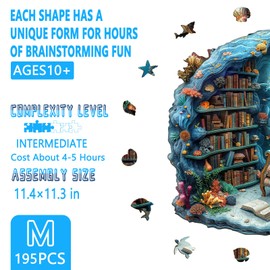 Wooden Puzzles for Adults, Undersea Book House Wooden Jigsaw Puzzle for Adults, Unique Shape Wood Puzzles Adult, Presents for Women and Men, Wall Art Home Decor(M -11.4 * 11.3in-195 pcs)