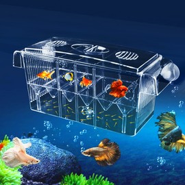 Kioiner Fish Breeding Box, 4 Rooms Suspended Breeder Box, Large Capacity HD Fish Isolation Box with 2 Suction Cups for Baby Fishes Guppy Shrimp Clownfish Betta Hatchery