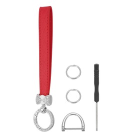 MECCANIXITY Leather Wristlet Keychain Car Key Chain Wristlet for Women, 7 Inch Key Fob Holder Bow Style with D Ring and 2 Ring for Wallets Purse, Silver Tone/Red