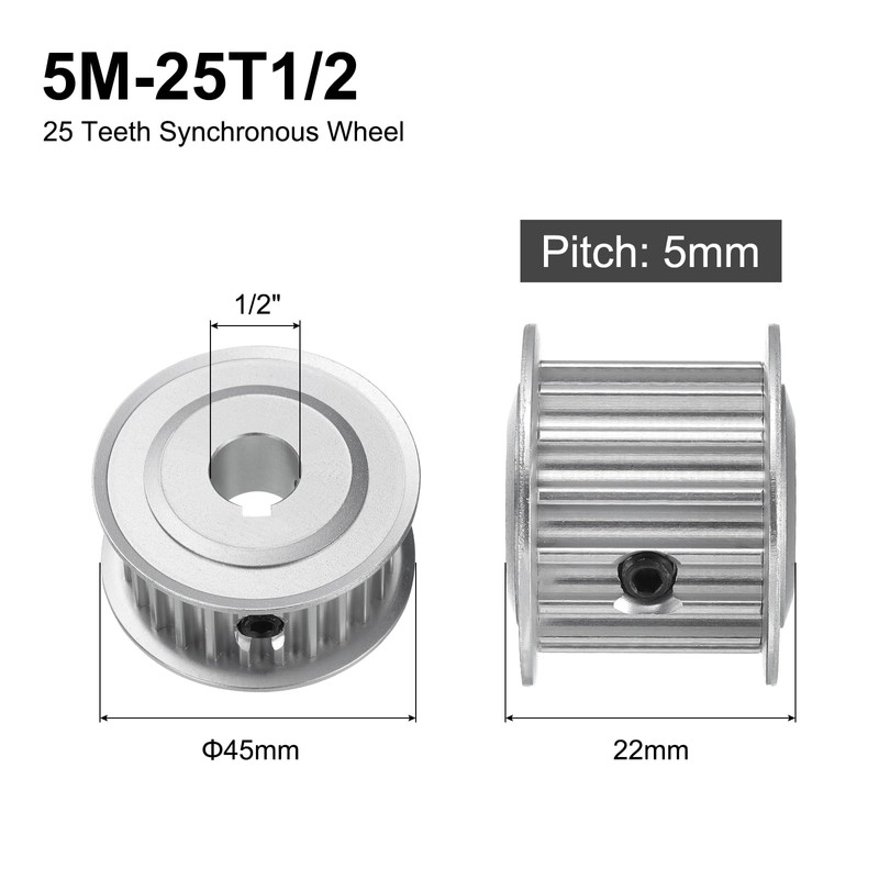 uxcell 5M-25T-1/2B Timing Belt Pulley 1/2" Bore, 25 Teeth Aluminum