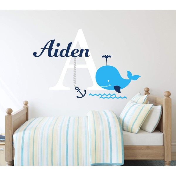 Personalized Whale Name Wall Decal - Nautical Theme Decal - Nursery Wall Decals - Nautical Decor - Baby Anchor Decor Art Vinyl Sticker (24"W x 16"H)