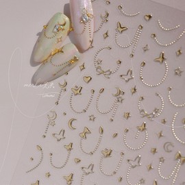 Moon Star Nail Stickers for Nail Art Gold Nail Decals with Chains Bow Stickers for Nails 3D Self Adhesive Nail Art Supplies & Decorations for Women Girls,1 Sheet DIY Manicure Decor