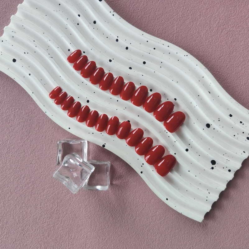 Red Press on Nails Short Oval Acrylic, Solid Color Medium