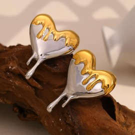 DIAMANTIO Gold & Silver Melting Heart Stud Earrings – 18K Gold Plated, Trendy Two-Tone Drip Heart Drop Earrings for Women – Bold Statement Jewelry