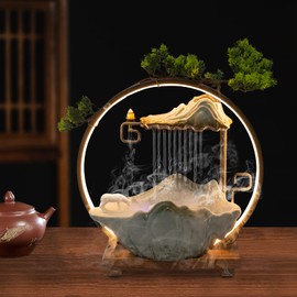 Indoor Fountains and Waterfalls, Desk Water Fountain, with Seven Colors LED and Backflow Incense Indoor Water Fountains, for Meditation with Fake Plants Feng Shui Decor for Good Luck Wealth